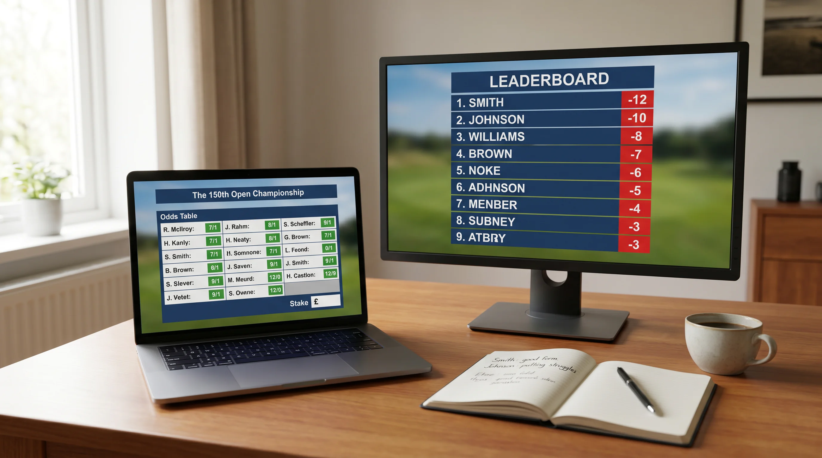 Live golf trading workspace with a laptop, notebook and tournament leaderboard on a second screen