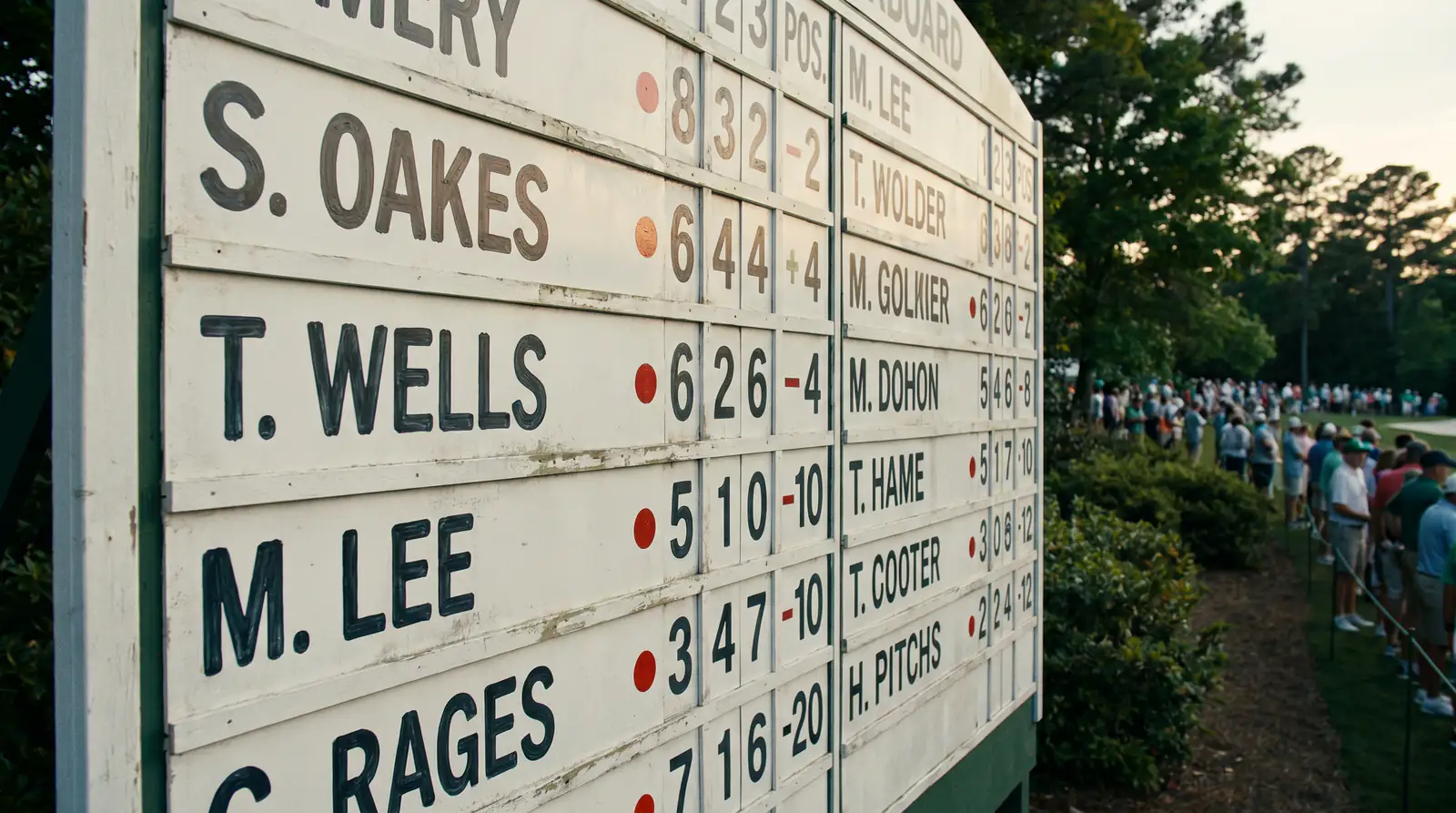 A live tournament leaderboard updating mid-round during a major championship.