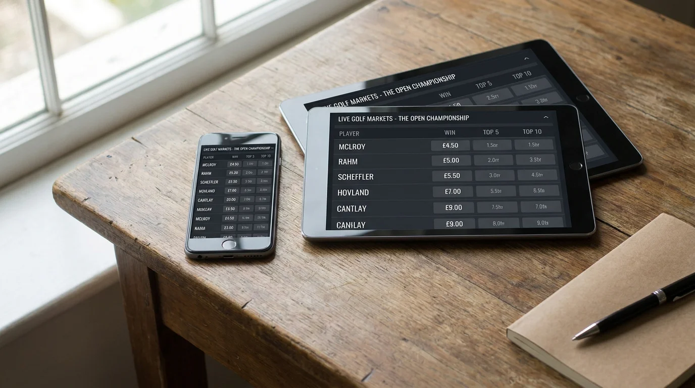 Smartphone and tablet side by side comparing live golf odds across two betting interfaces