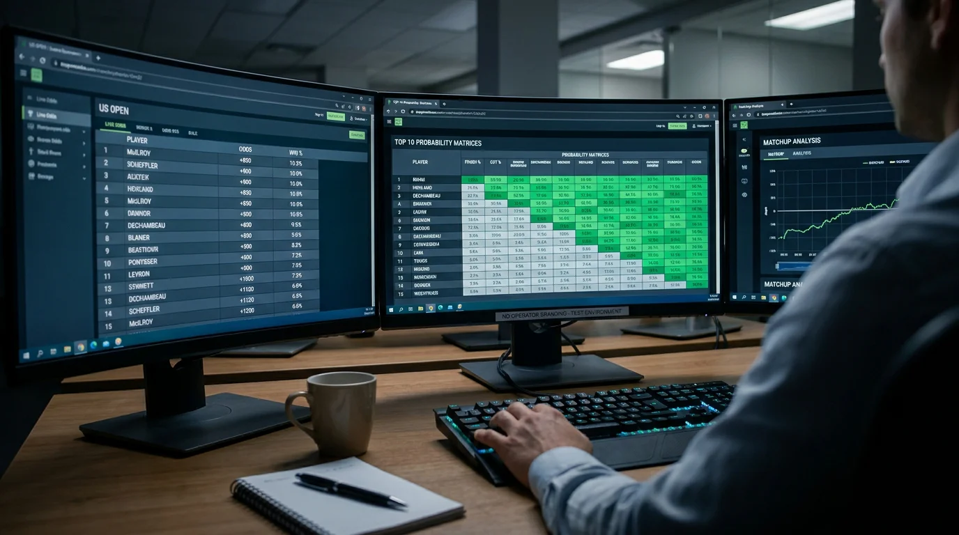 Sports trading desk with multiple monitors showing live golf odds and probability inputs