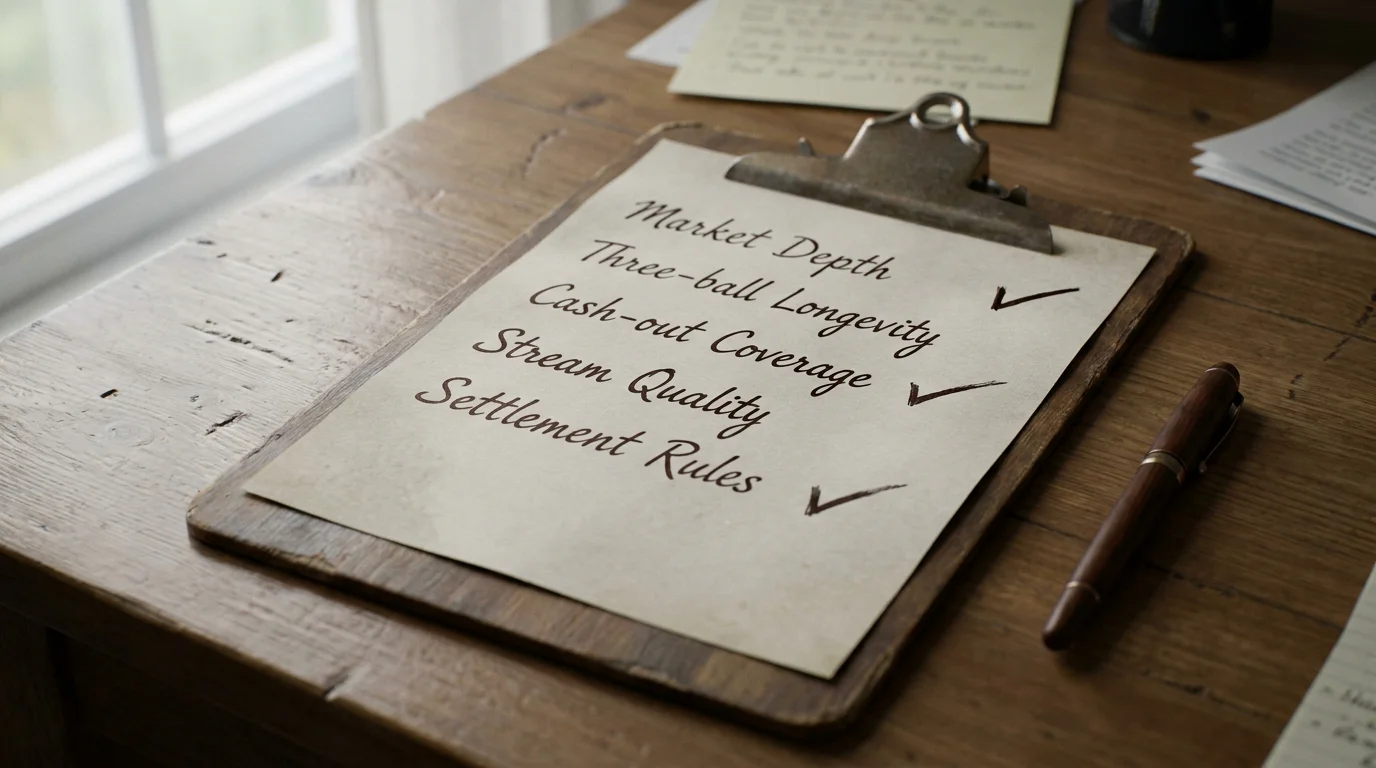 Reviewer checklist on a clipboard ranking live betting product features with ticks and notes
