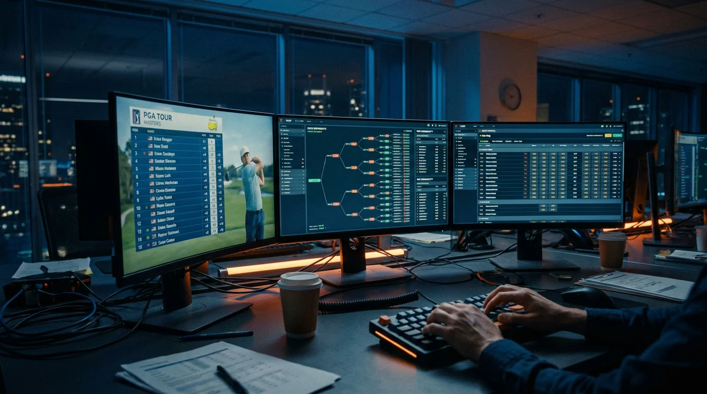 Live golf trading desk with multiple monitors showing odds recalculation in progress