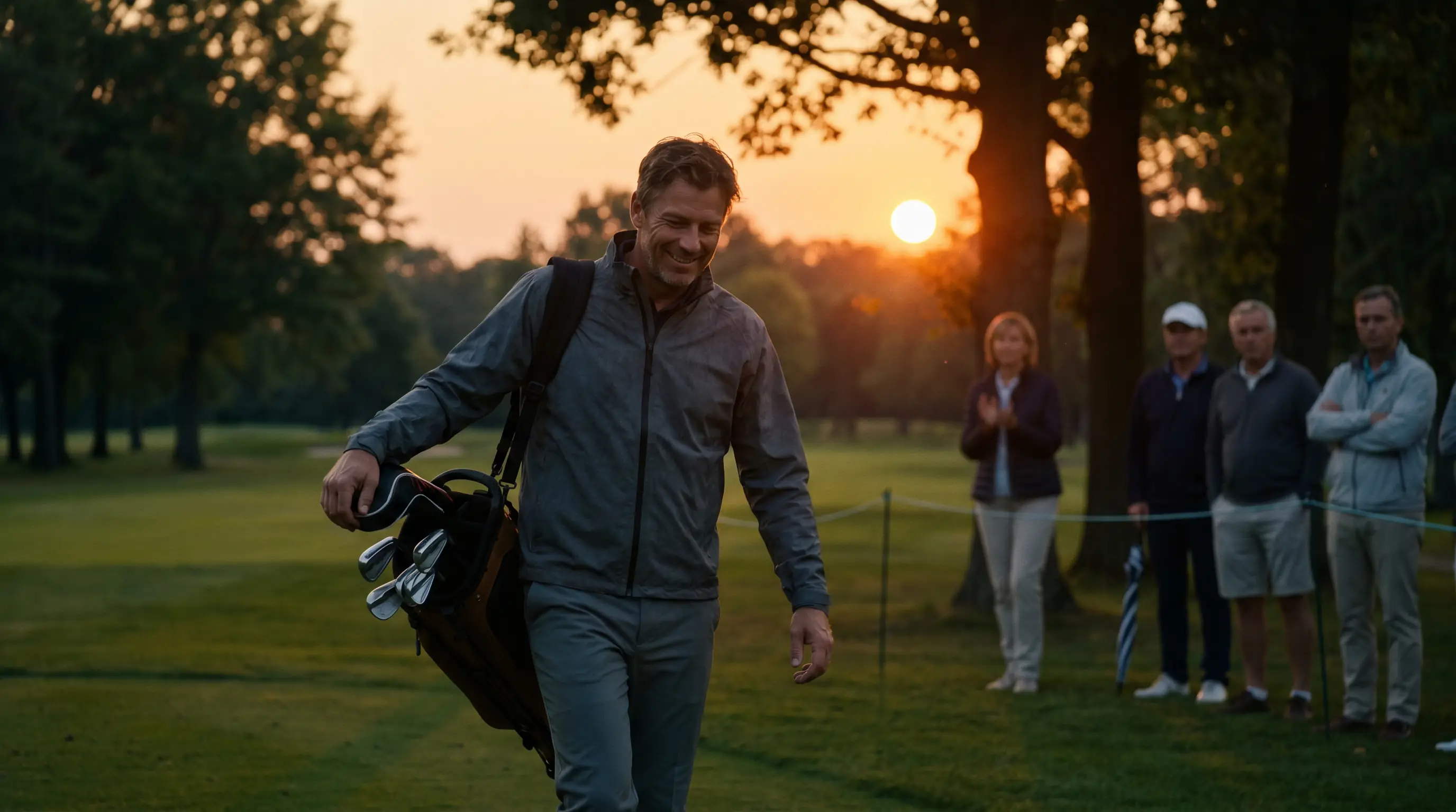 Lone golfer carrying his bag and leaving the course after a mid-round withdrawal