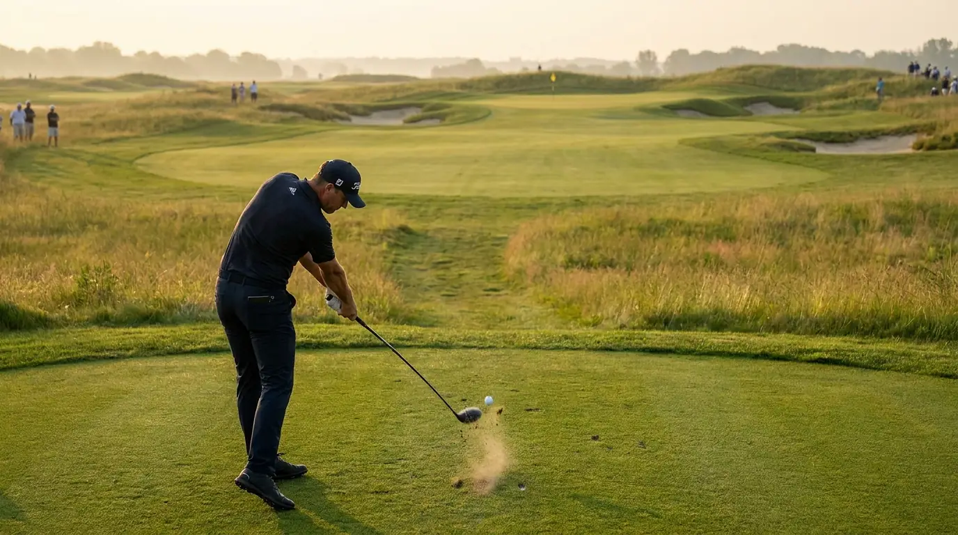 Professional golfer executing a long tee shot on a par five with driver mid-swing