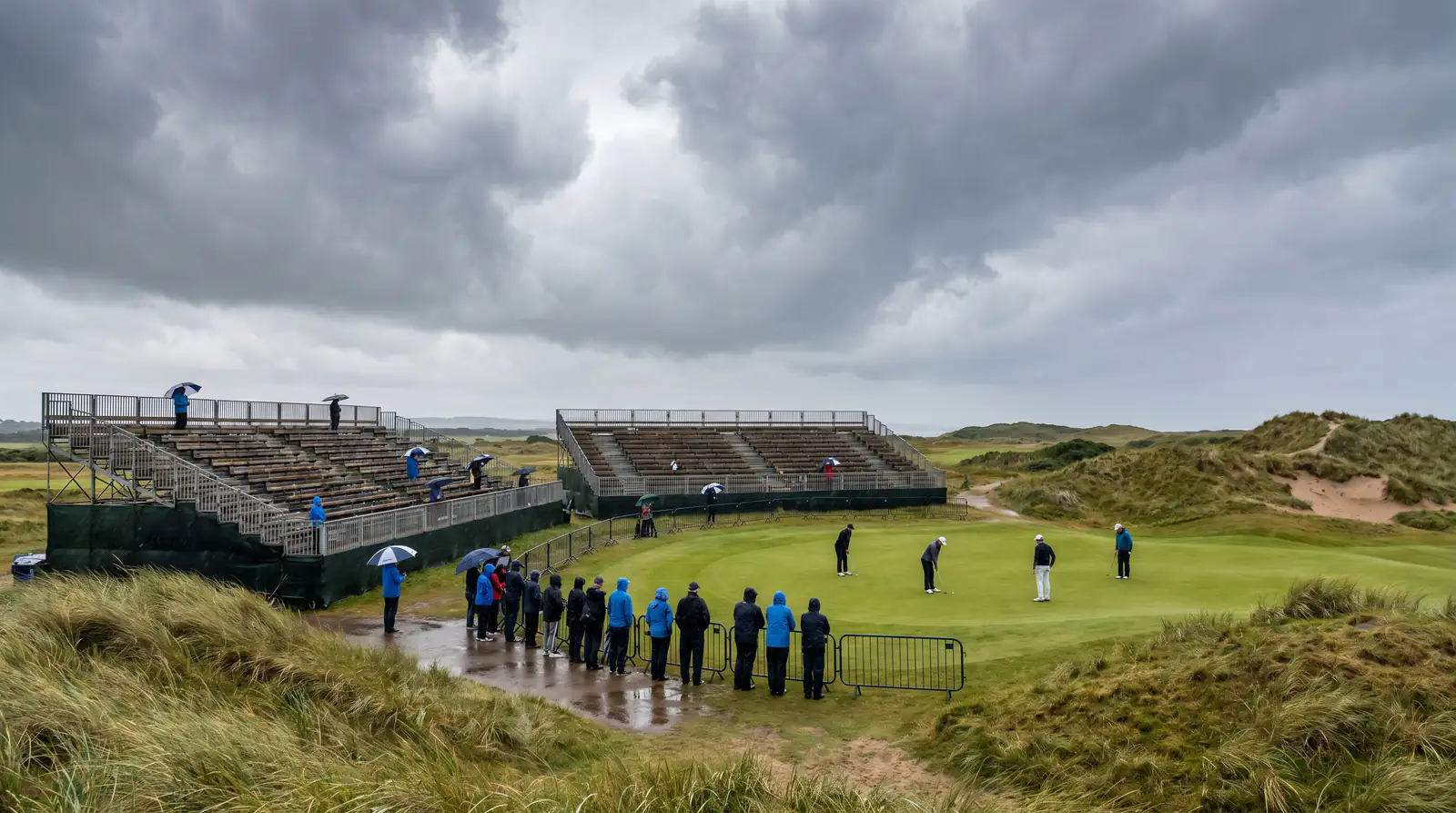 Almost-empty grandstands at a UK golf tournament on a Monday finish after weather delay