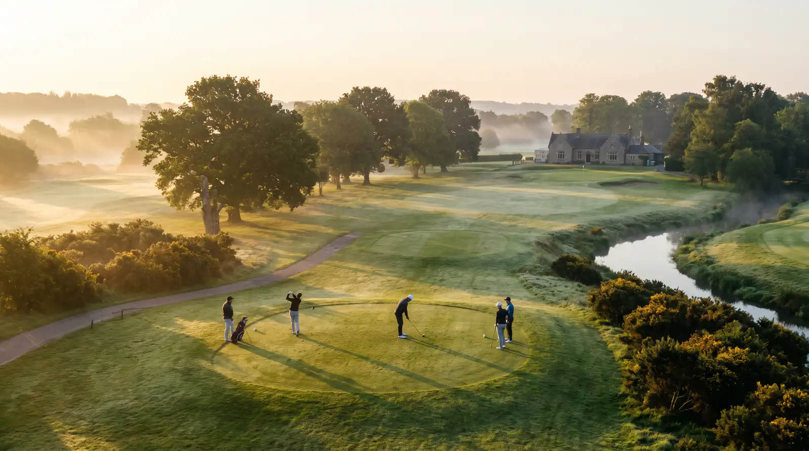 Early morning wave of players teeing off in calm conditions at a UK golf tournament