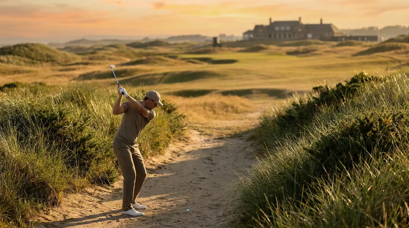 Tour pro on a narrow fairway pinched by thick rough at the US Open