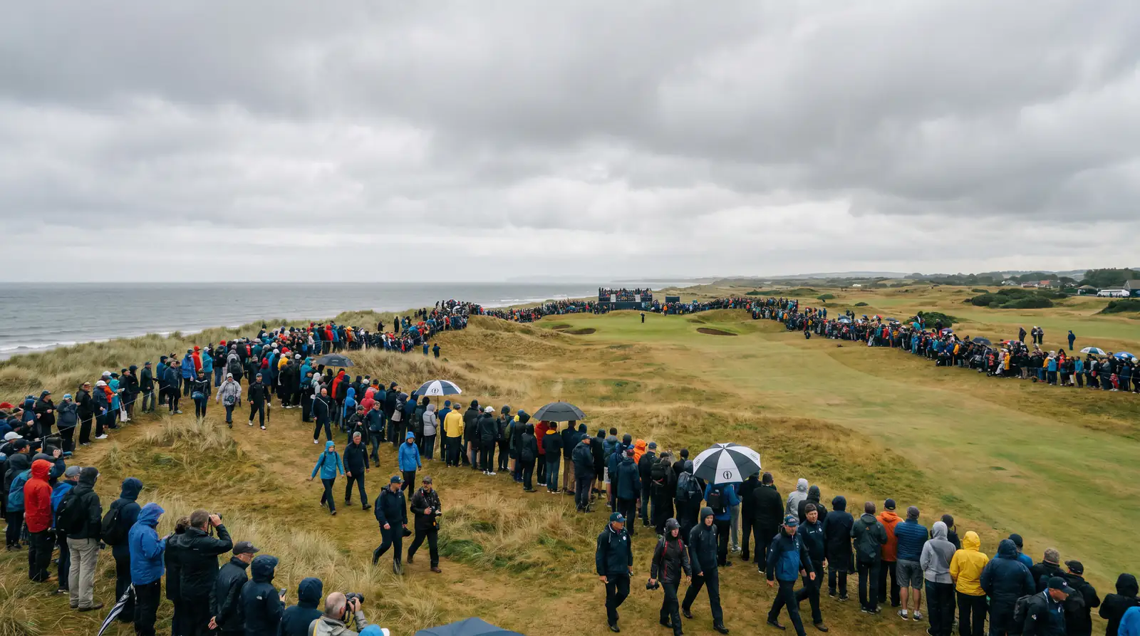 UK crowds lining the fairways at The Open Championship on a links coast