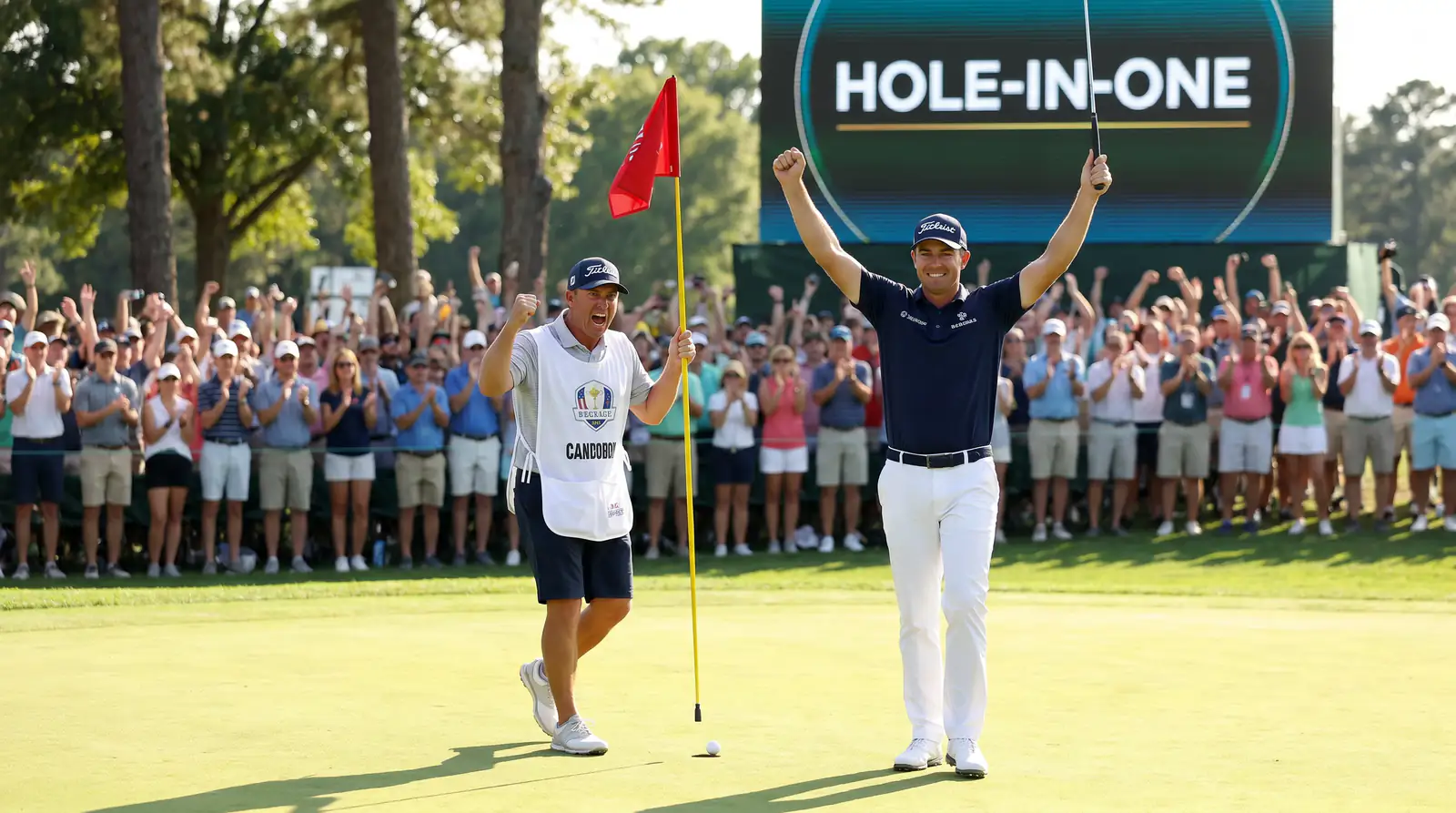Professional golfer celebrating a hole-in-one on a par three with raised arms next to the flagstick