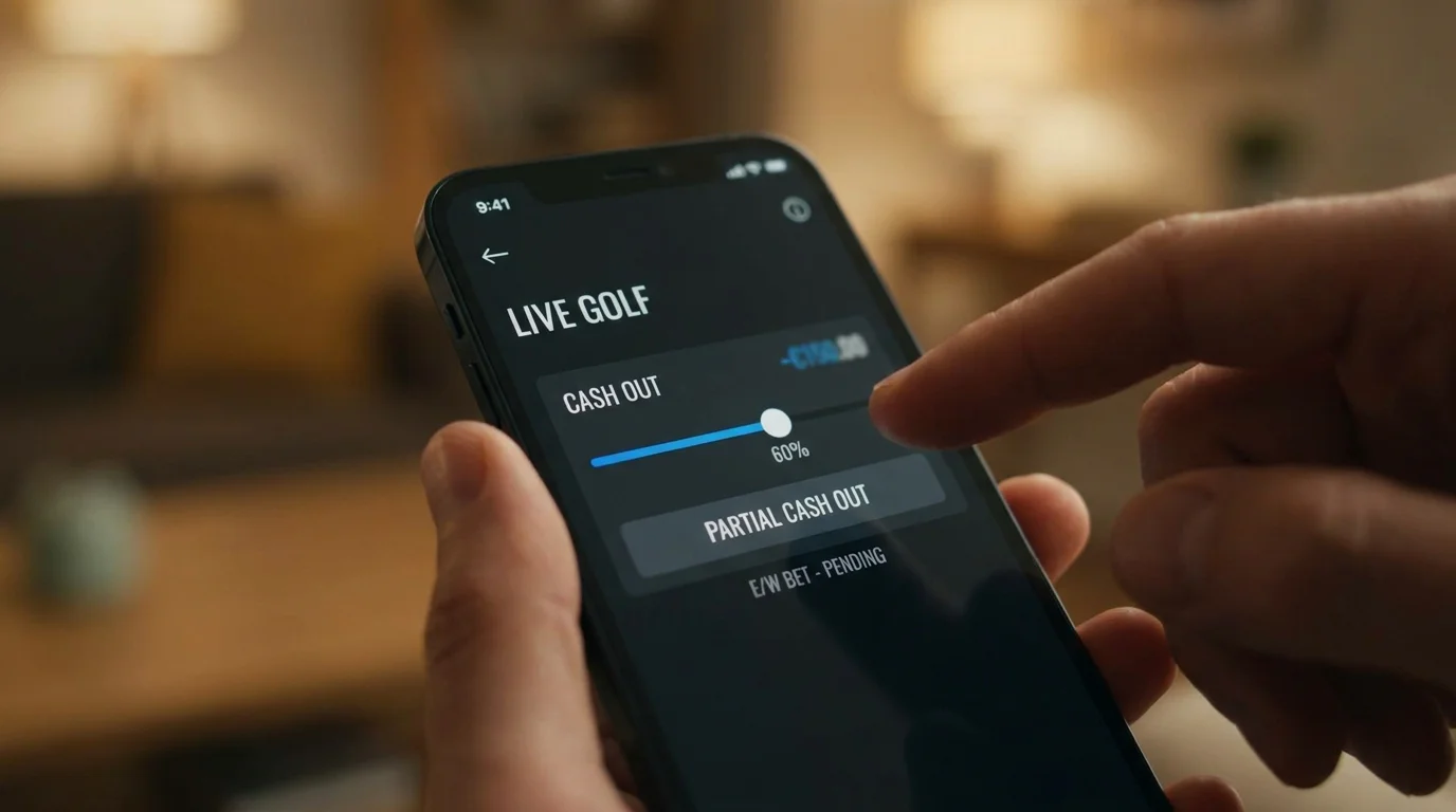 Partial cash-out slider on a UK live golf betting interface