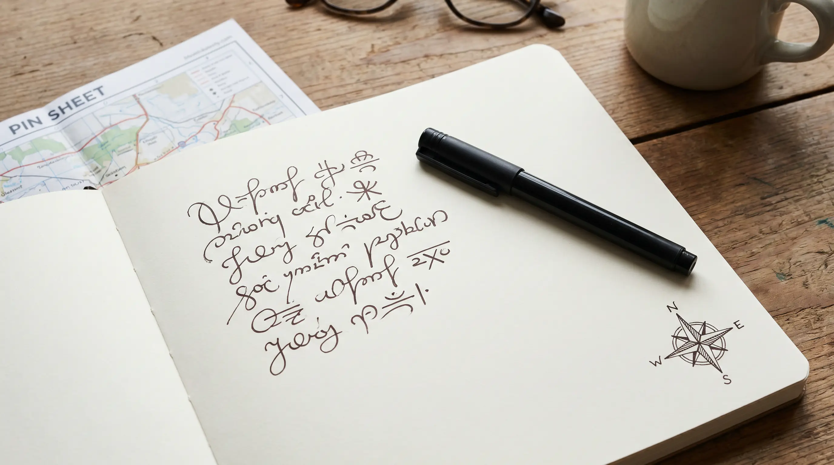 A planning notebook with handwritten notes on a Sunday round: pin sheet, wind direction, void rules.