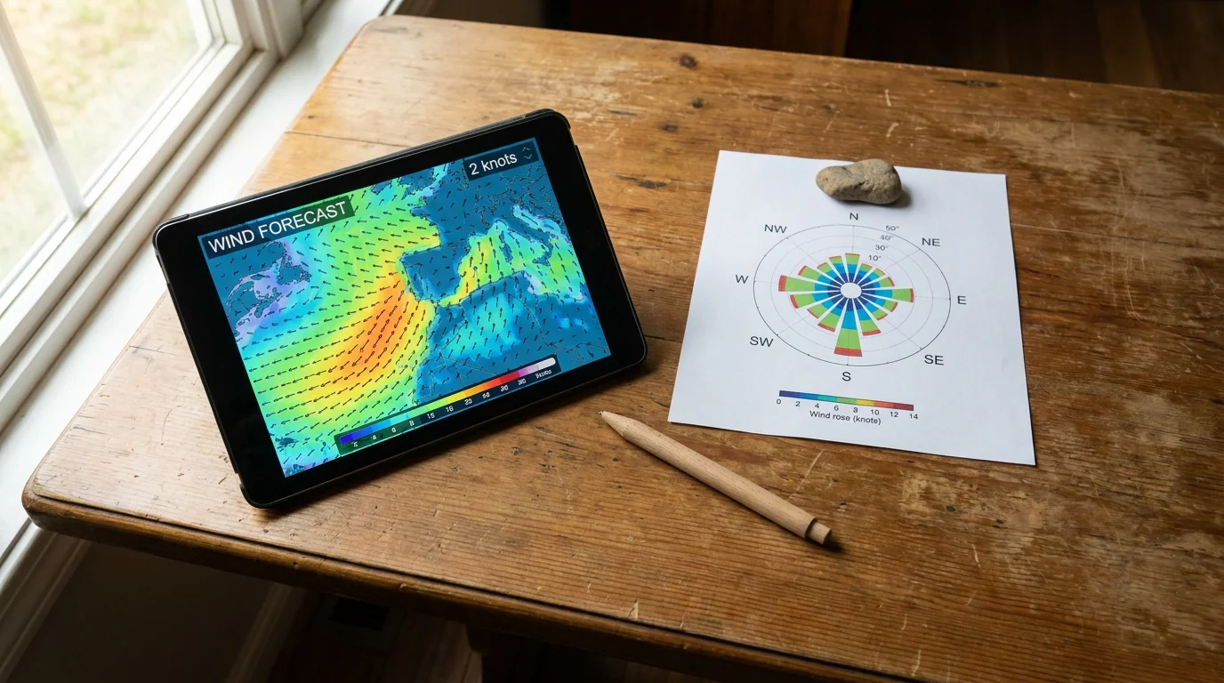 Wind forecast on a tablet beside a course wind rose diagram for a UK links