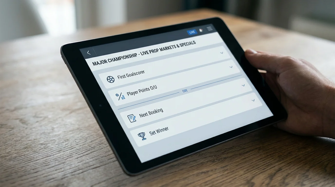 Prop and special markets on a UK live betting tablet during the PGA Championship