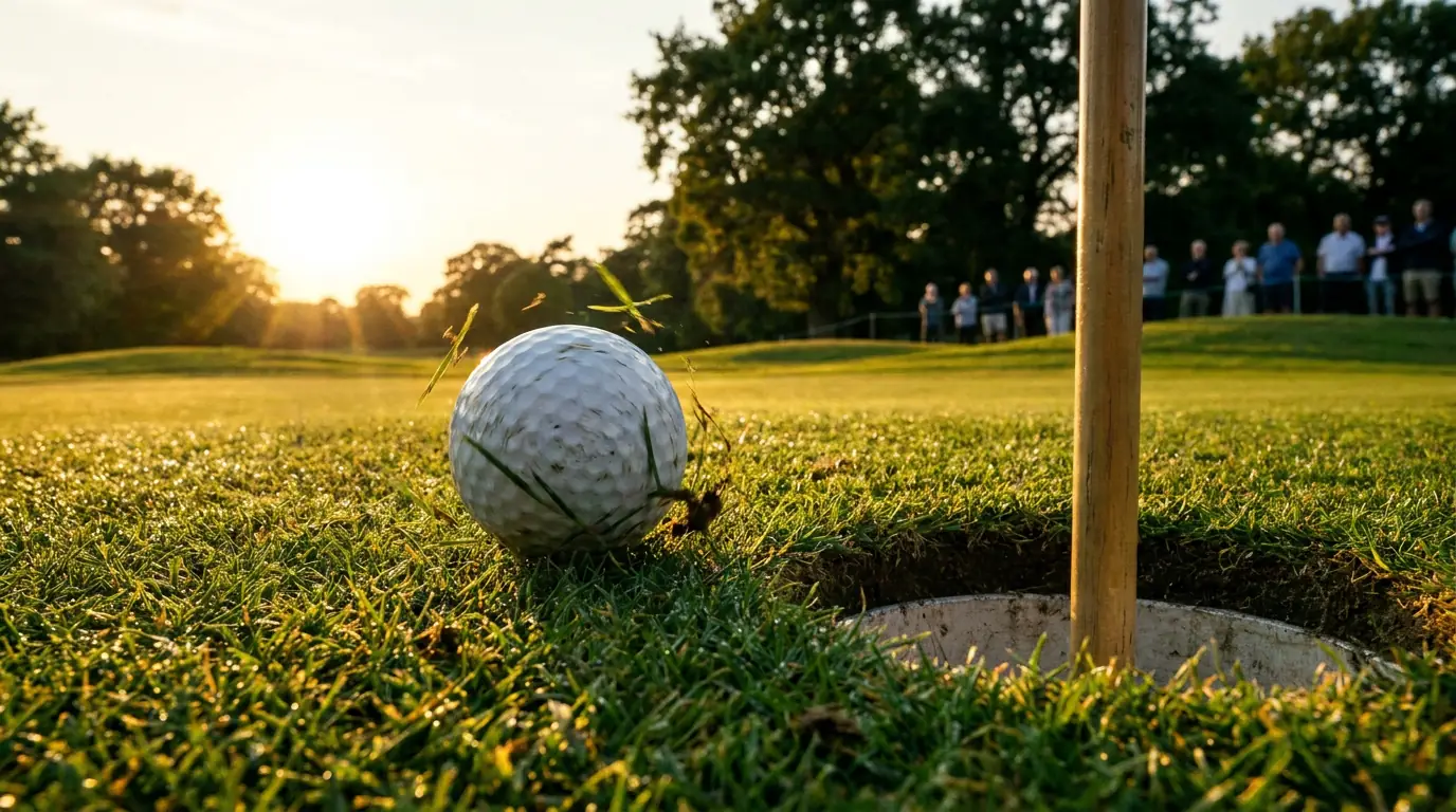 A putt rolling toward the cup on a fast green at a UK tournament