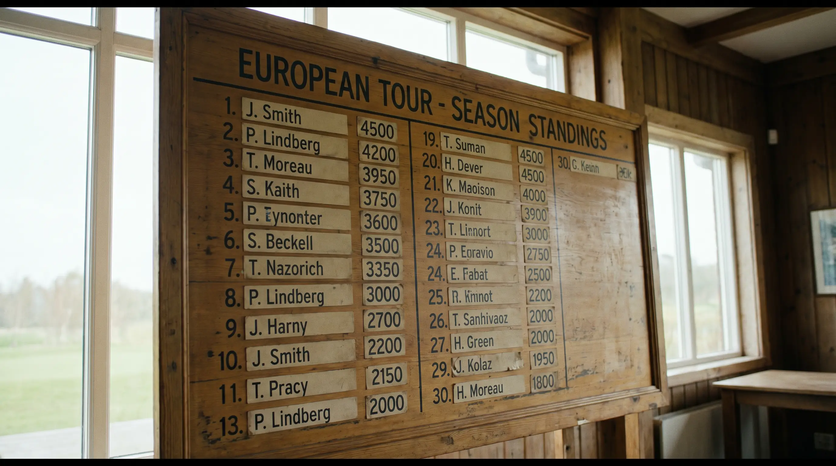 Race to Dubai season standings board at a DP World Tour event