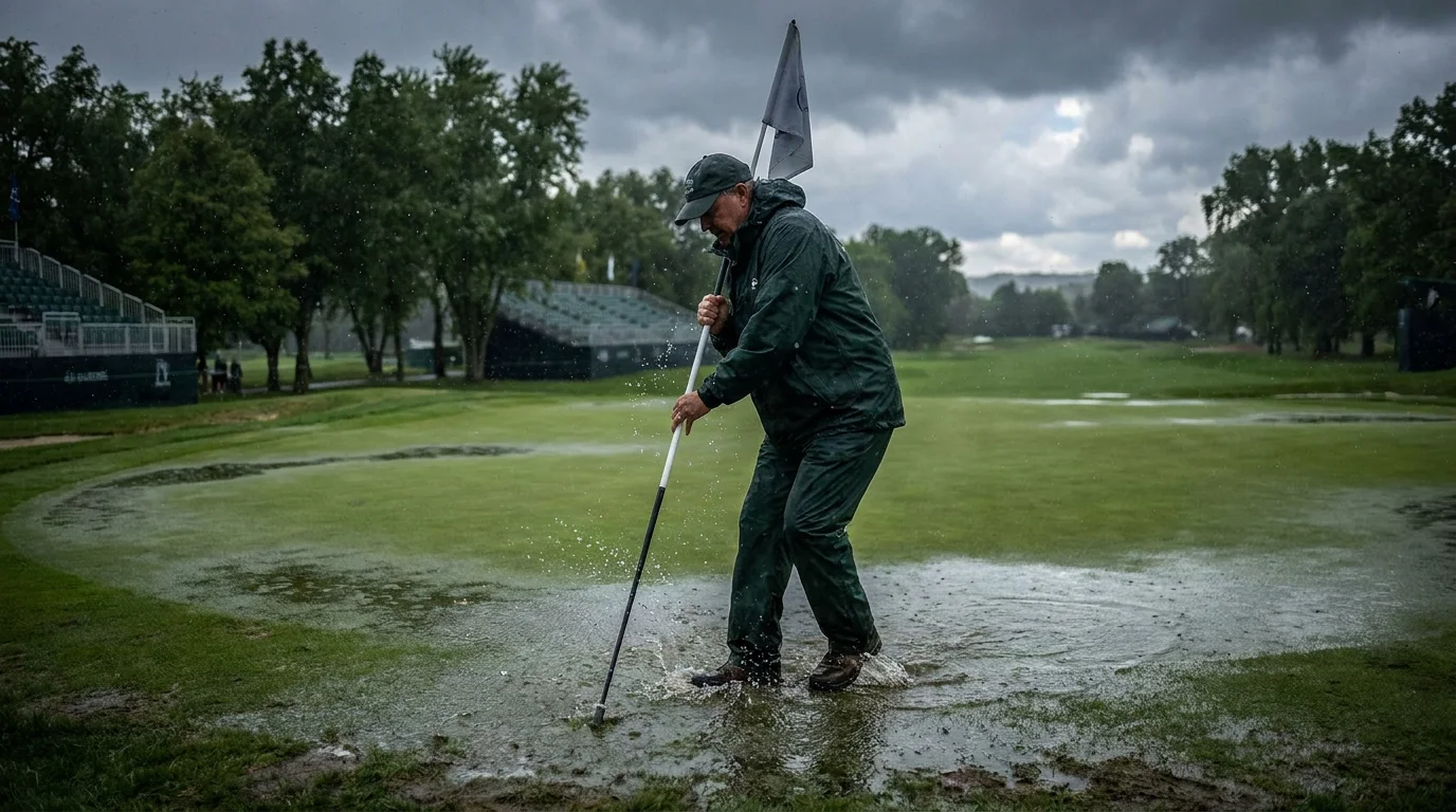 Course official pulling the flag during a rain suspension at a UK golf tournament
