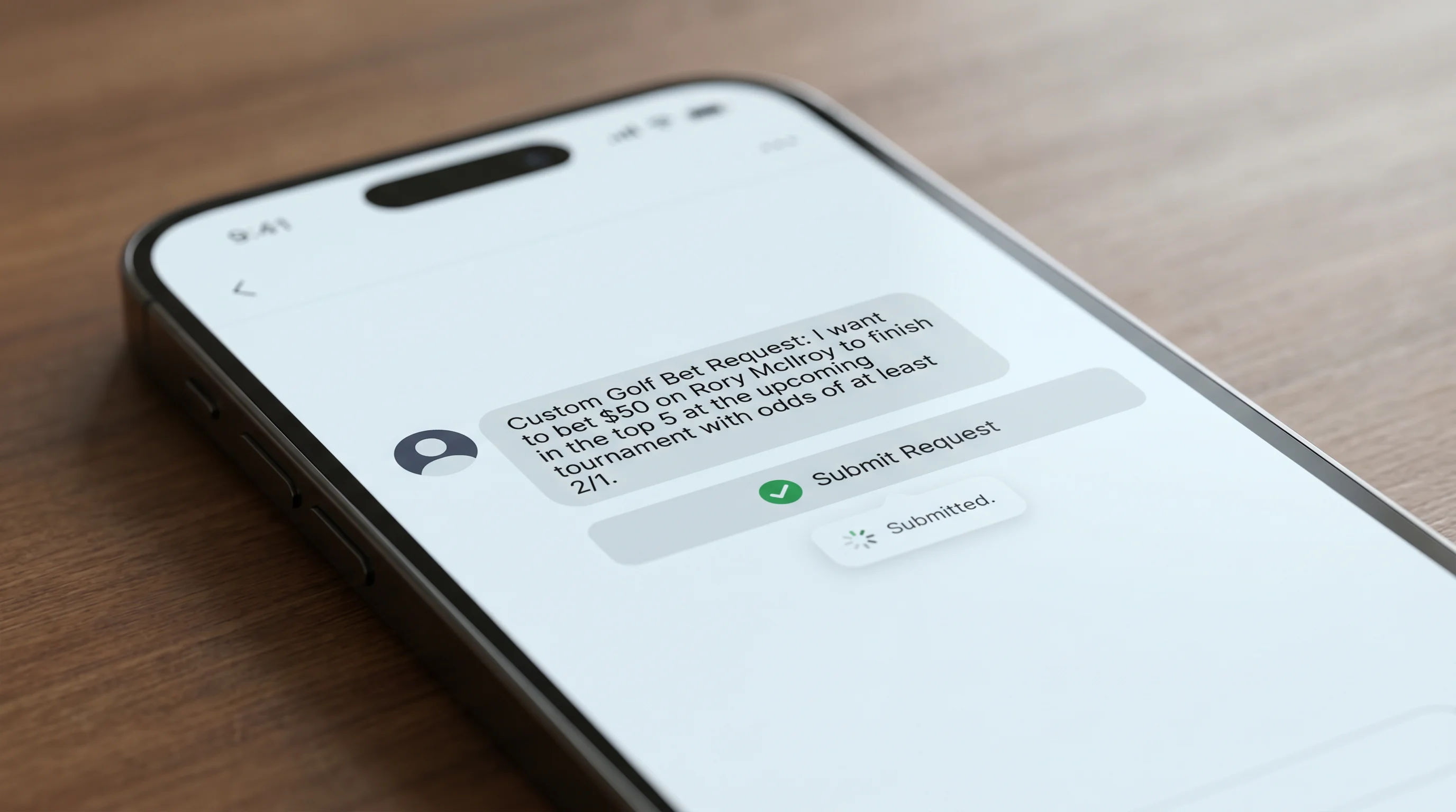 Request-a-Bet message thread on a UK live golf betting mobile interface