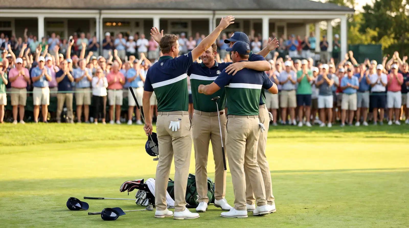 Team of professional golfers celebrating a match point with arms raised on the eighteenth green