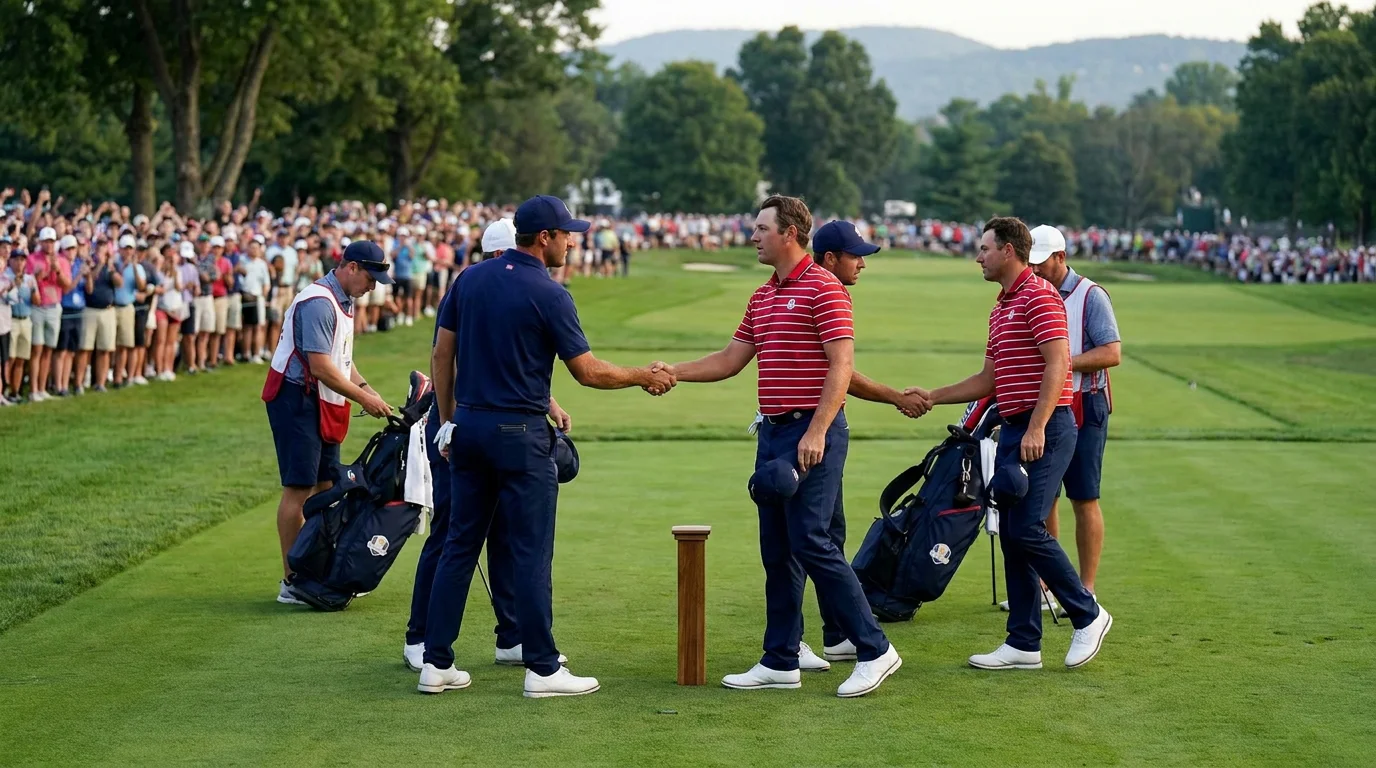 Two team-uniformed golfers shaking hands on the first tee at a Ryder Cup match-play session.