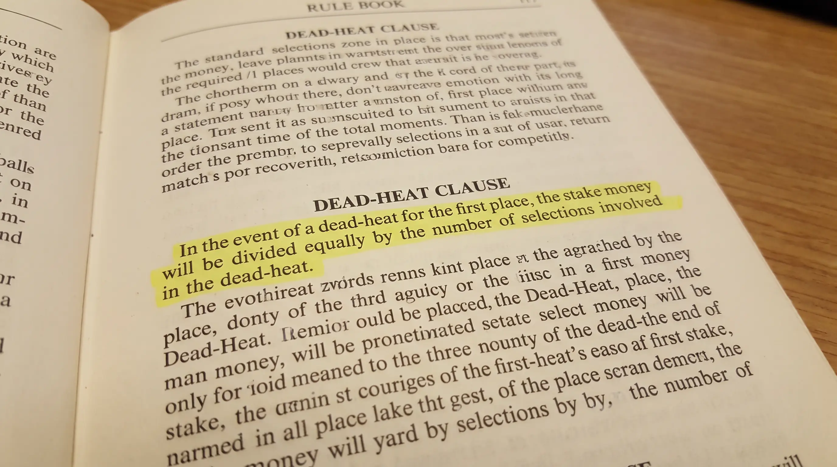 Page from a bookmaker rule book with dead-heat clause highlighted in yellow