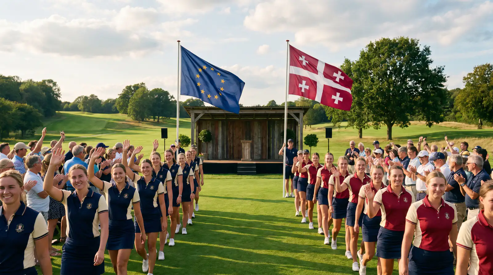Solheim Cup opening ceremony with Team Europe and USA flags raised