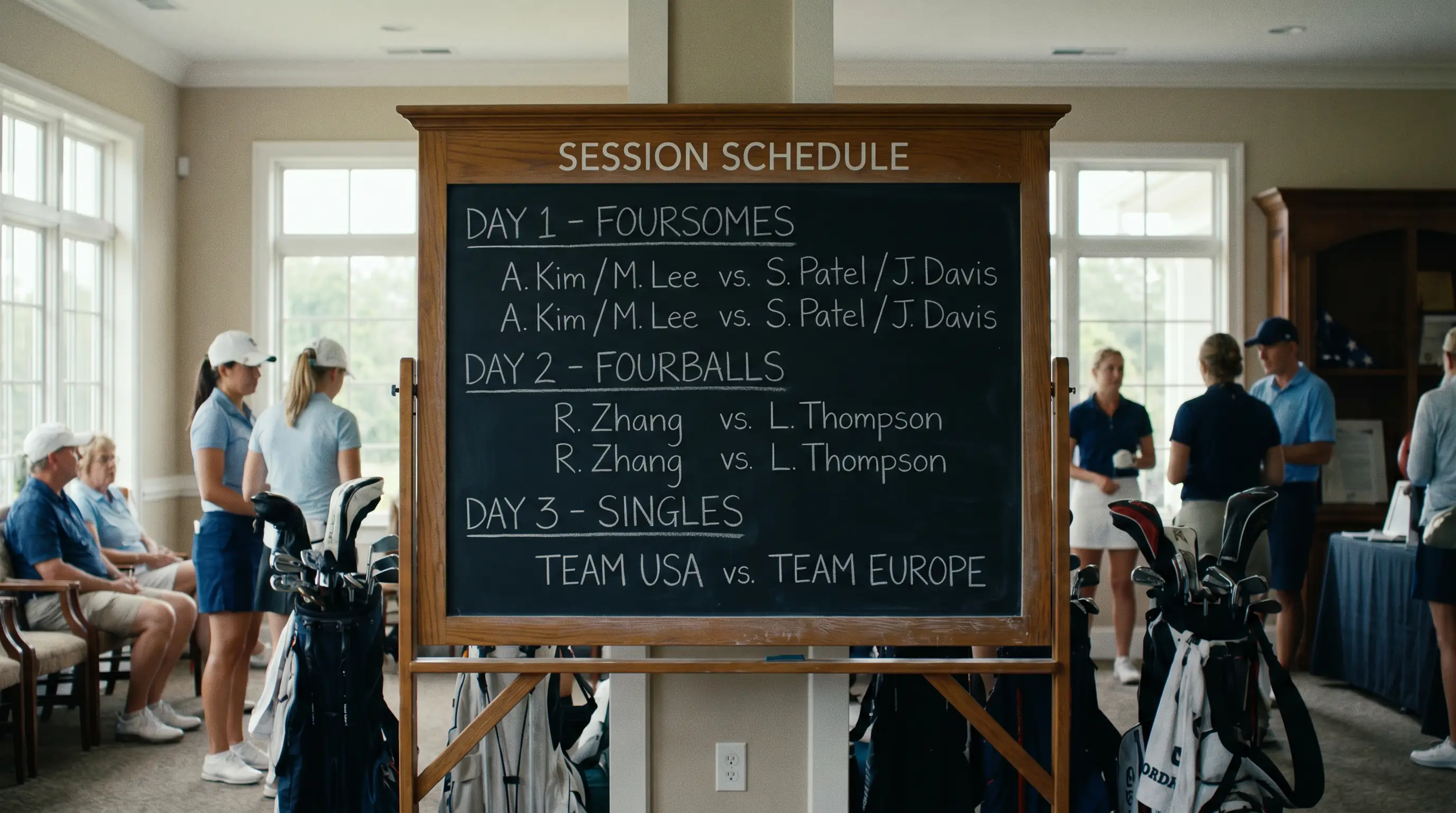 Solheim Cup session schedule board showing format across three days