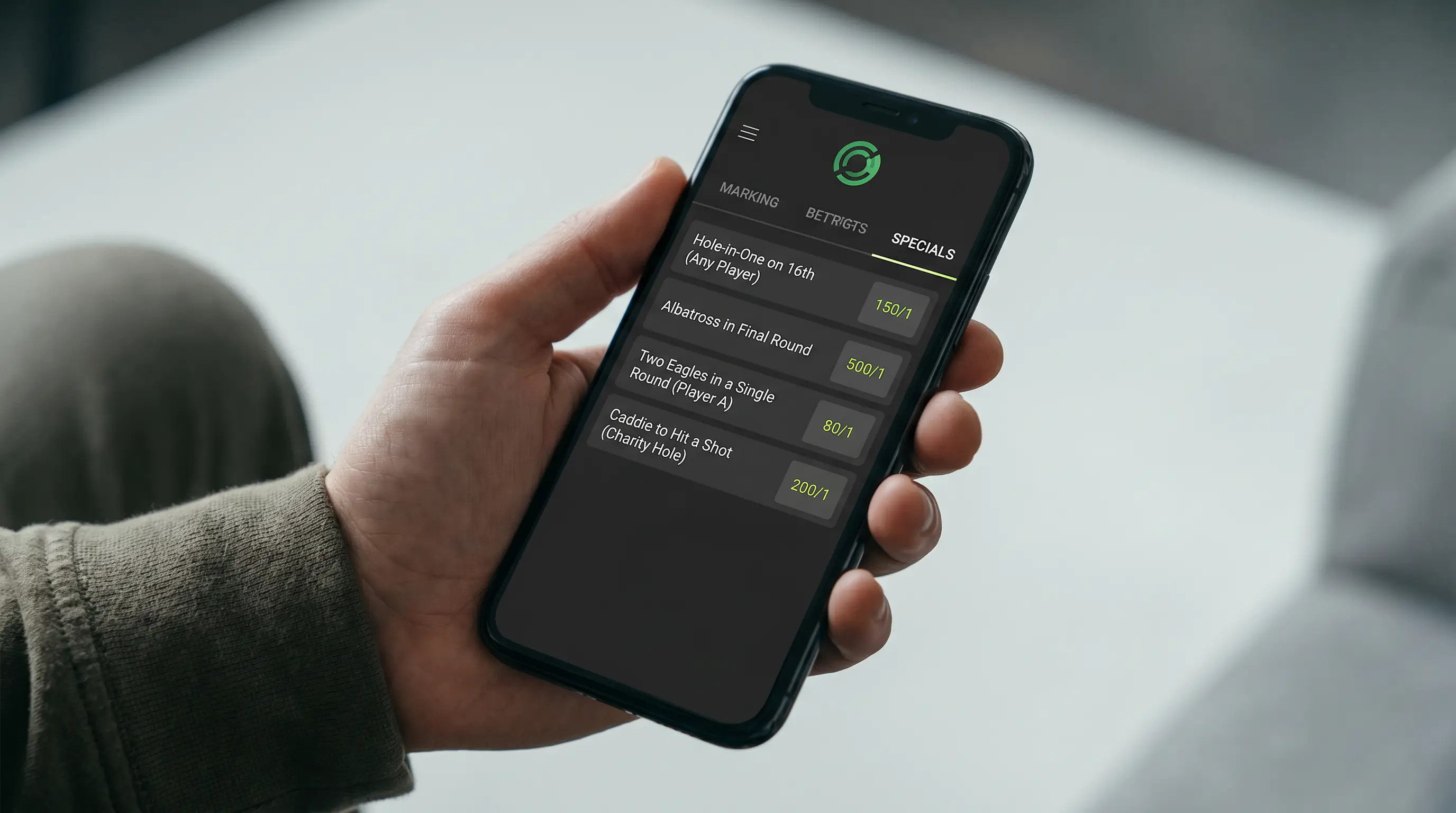 Specials tab listing on a UK live golf betting app with rare-shot markets