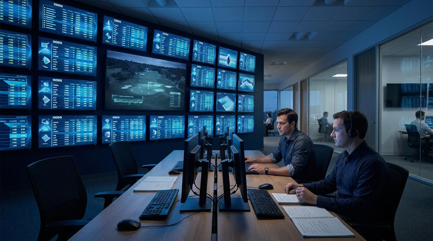 A bookmaker trading room with multiple live golf market screens active during a tournament weekend.