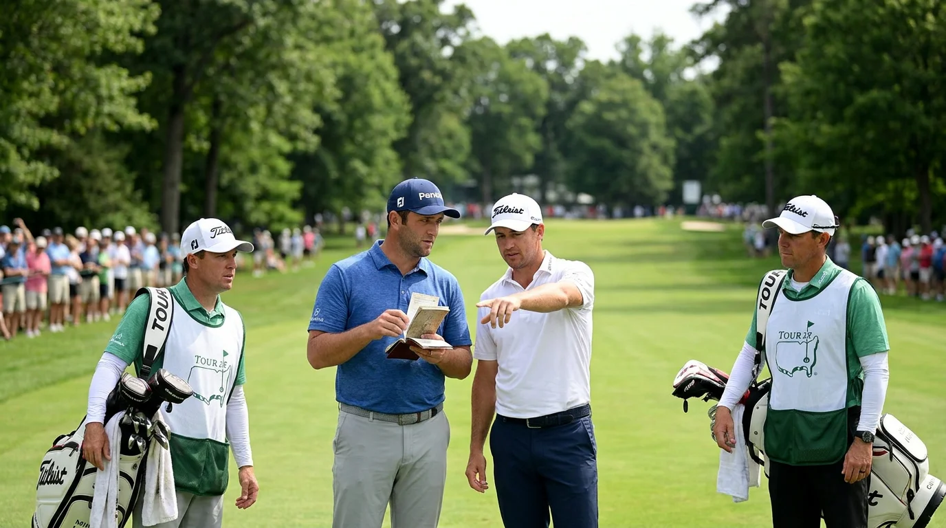 Two professional golfers studying a yardage book on a fairway, contrasting stroke play and match play formats