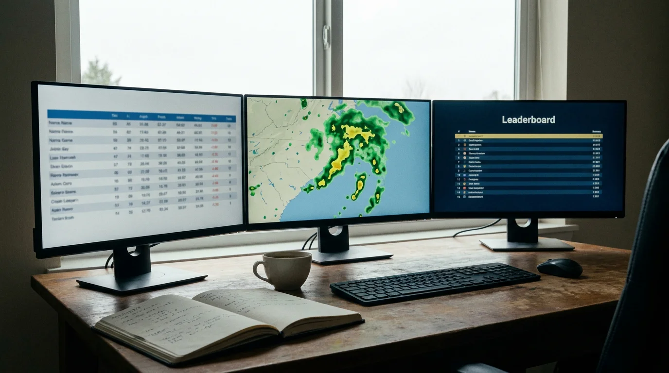 An analyst desk showing Strokes Gained tables, a live weather radar and current scoring conditions on three side-by-side screens.