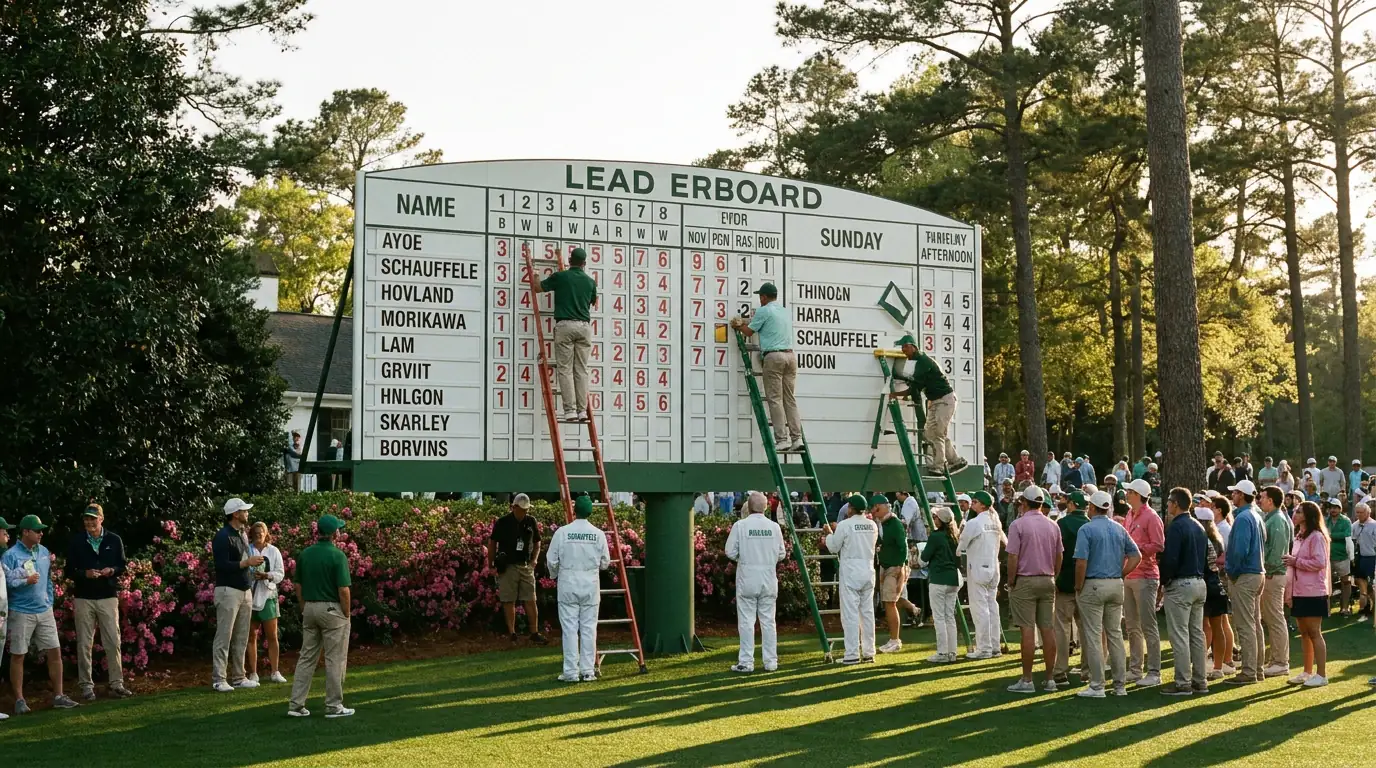 Sunday afternoon leaderboard showing a back-nine swing at the Masters