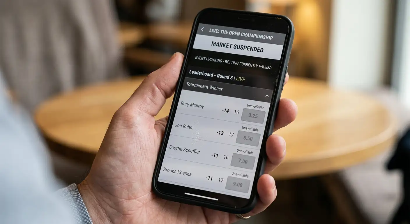 Suspended live golf betting market displayed on a UK mobile screen during a delay