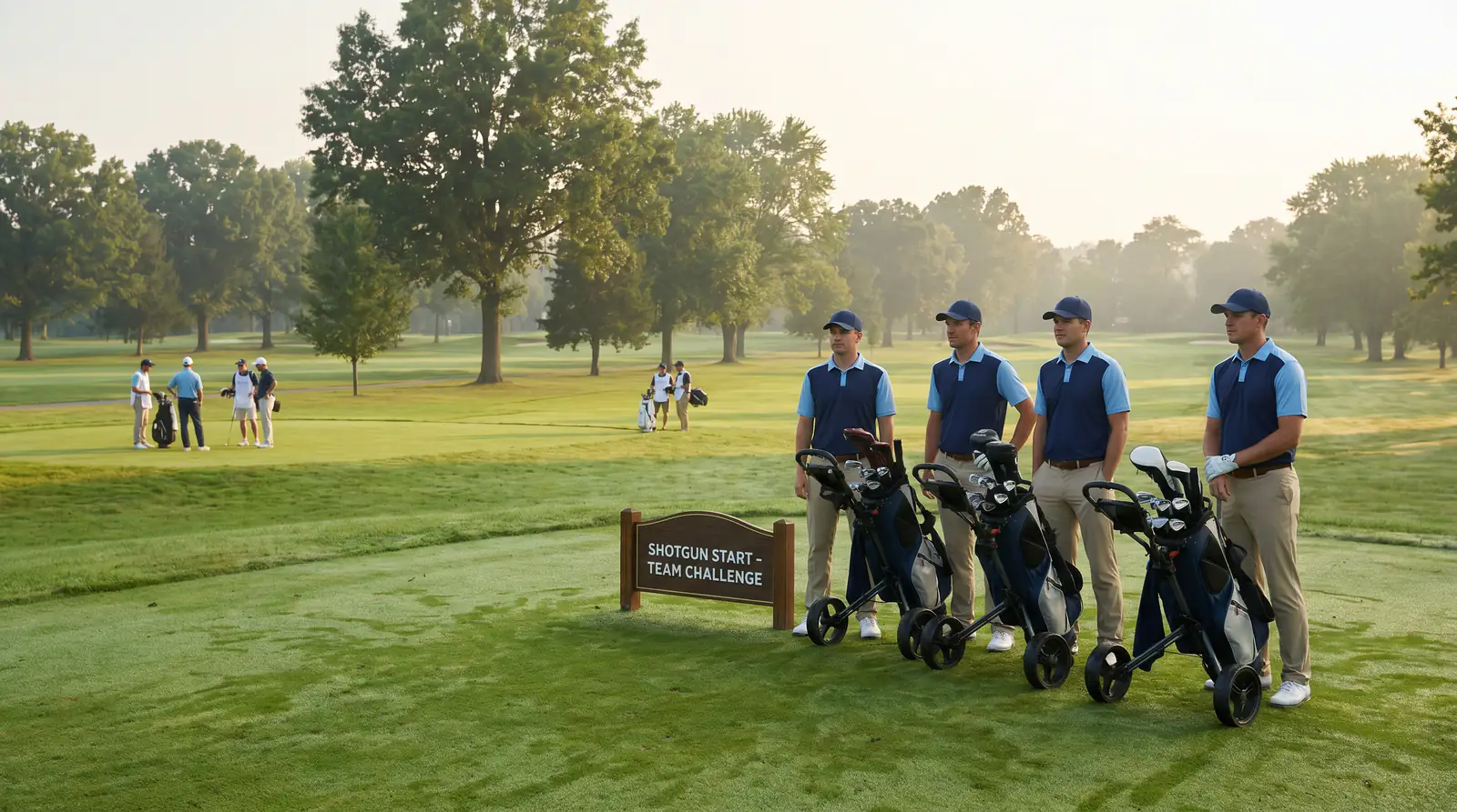 Shotgun start tee box at a team-format professional tournament with multiple groups visible