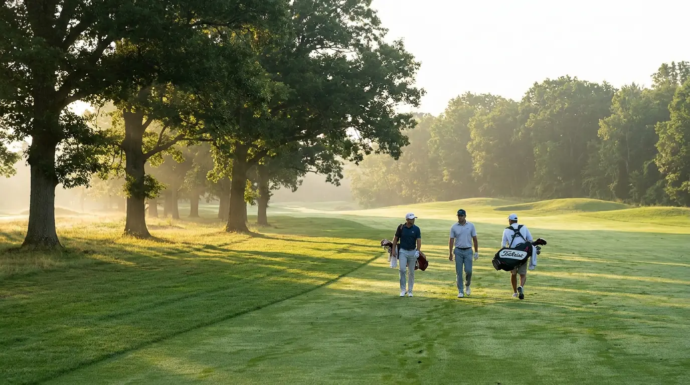 A three-player group walking down the fairway during a Thursday morning round, the natural unit of the 3-ball market.