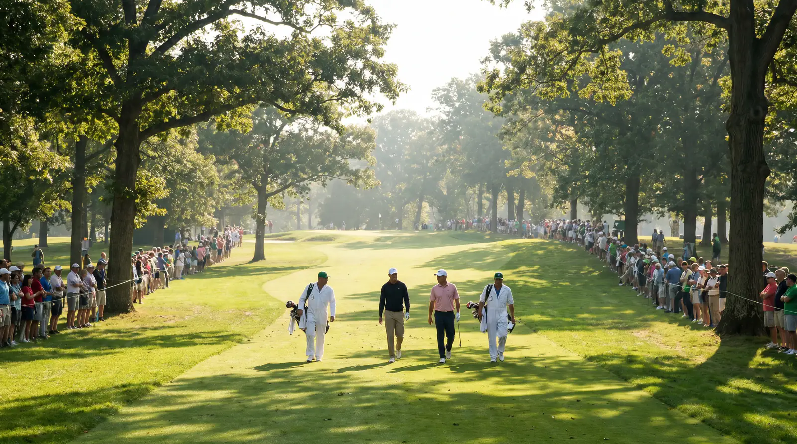Three-player tournament group walking down a fairway as a 3-ball market