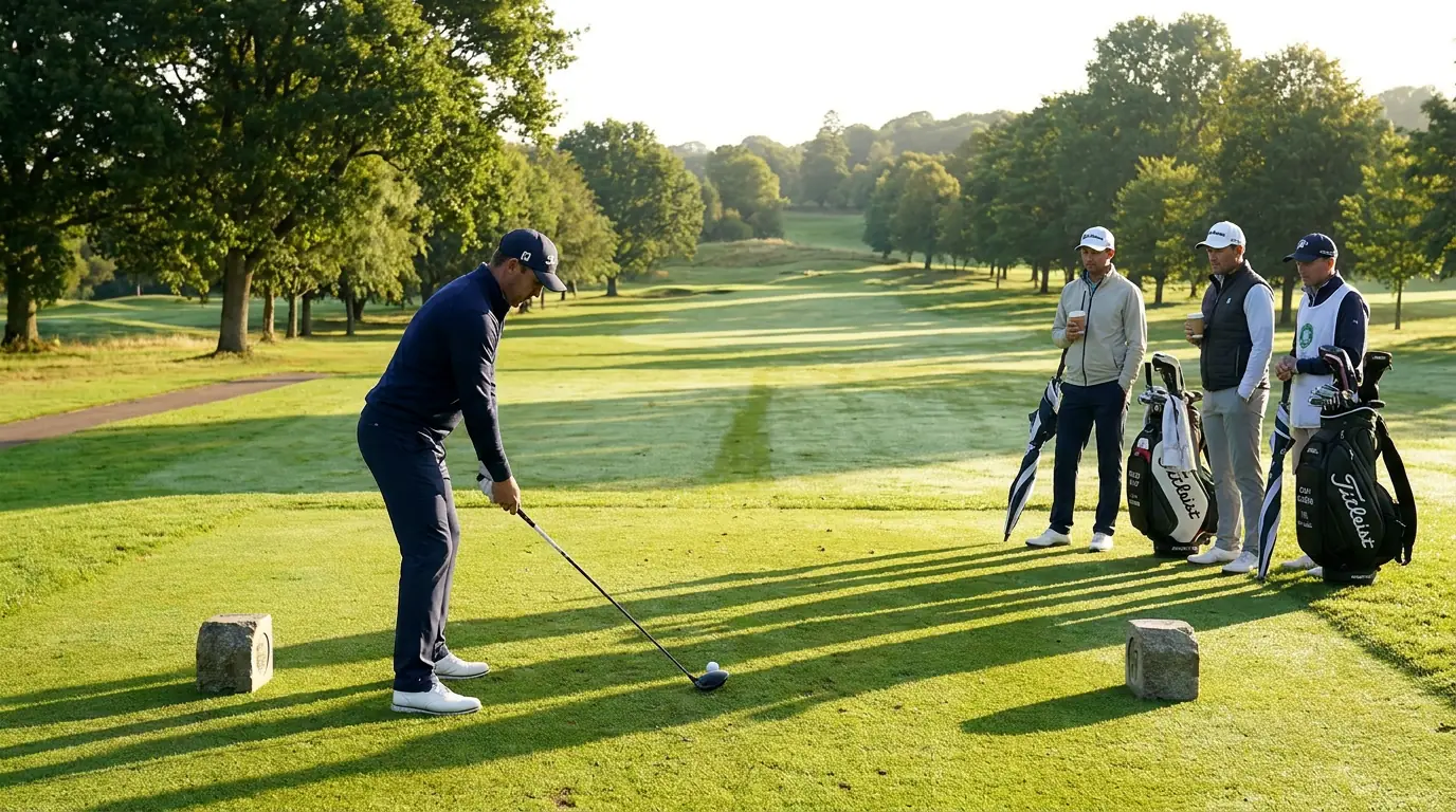 Three professional golfers waiting on a tournament tee box before a featured three-ball begins