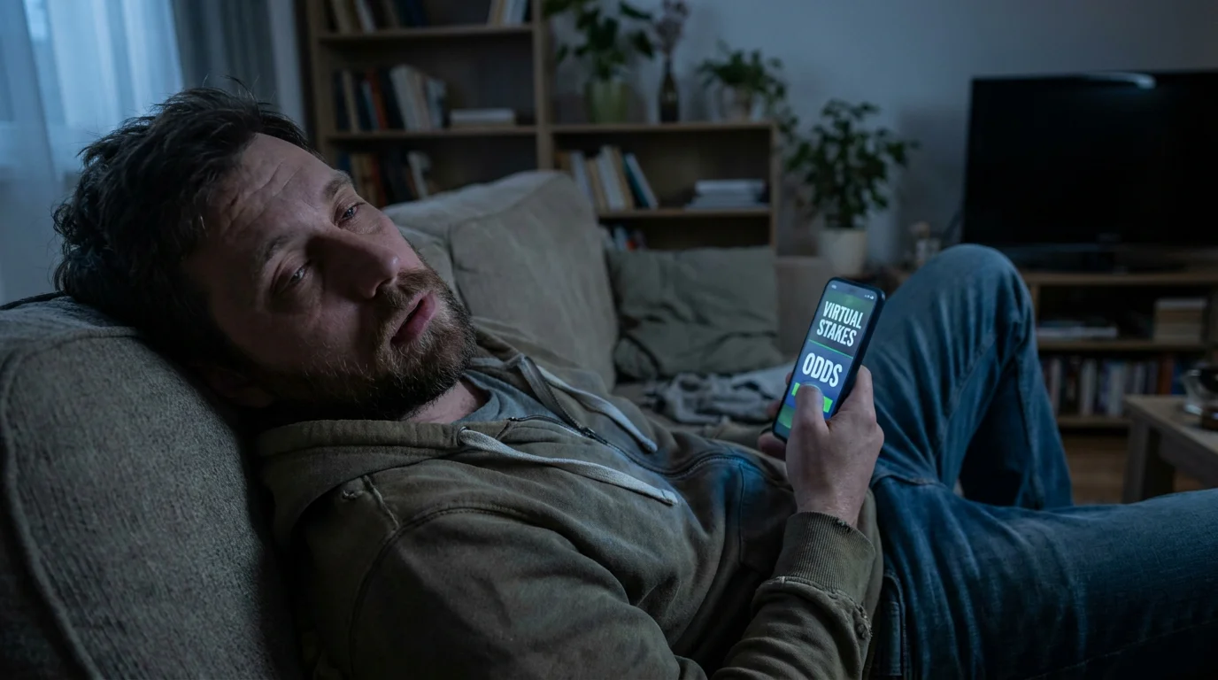 A tired bettor reviewing a live golf ticket on a sofa during a Saturday evening