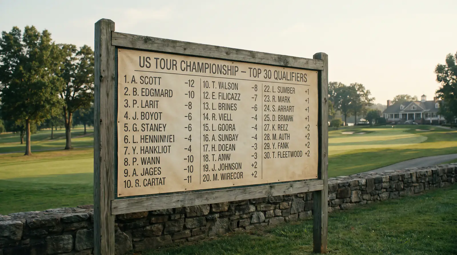 Top-30 field board at East Lake listing the FedEx Cup playoff finalists