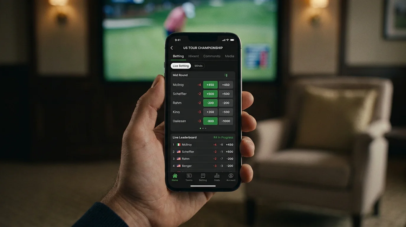 Tour Championship live odds on a UK mobile betting interface mid-round