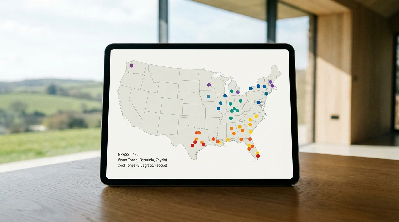 Map of US tour venues split by Bermuda south and bentgrass north grass types