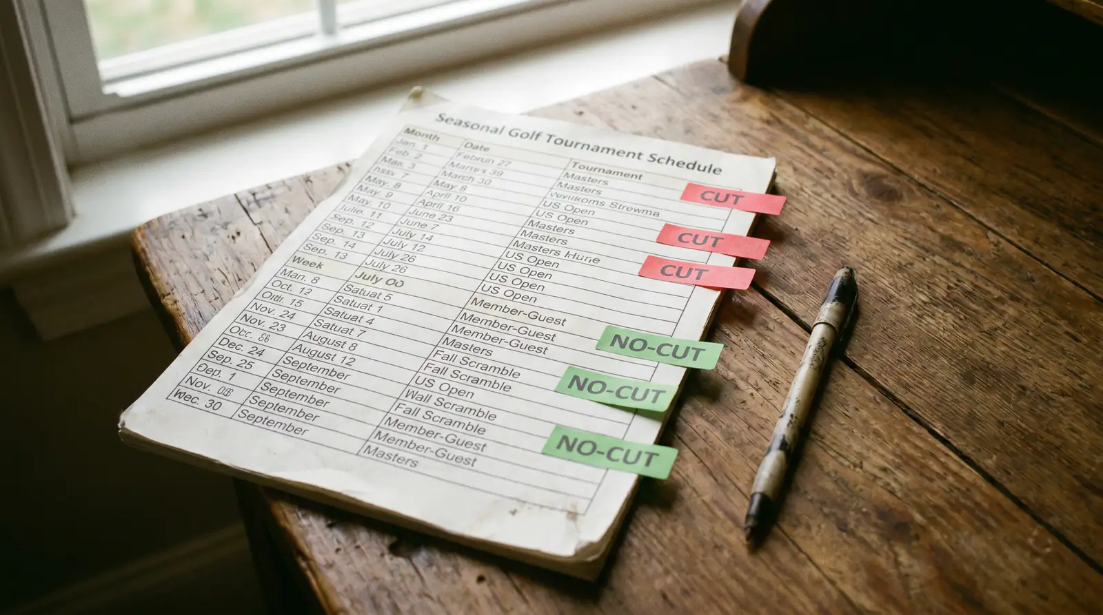 Printed tournament schedule highlighting cut and no-cut events on a desk