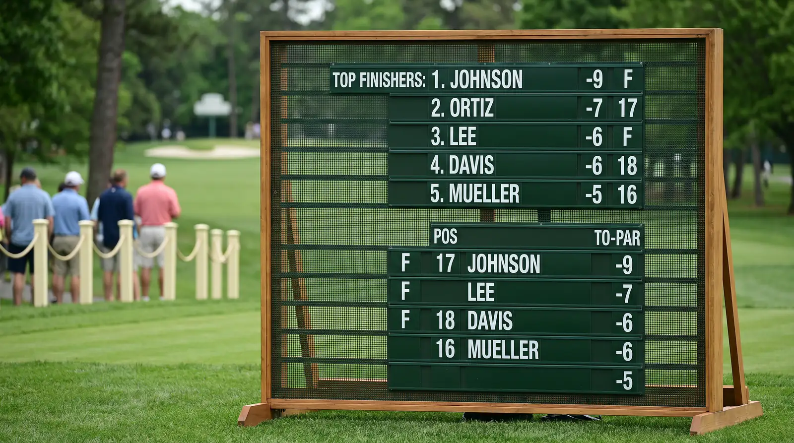 Tournament leaderboard board displaying top ten and top twenty positions with players grouped