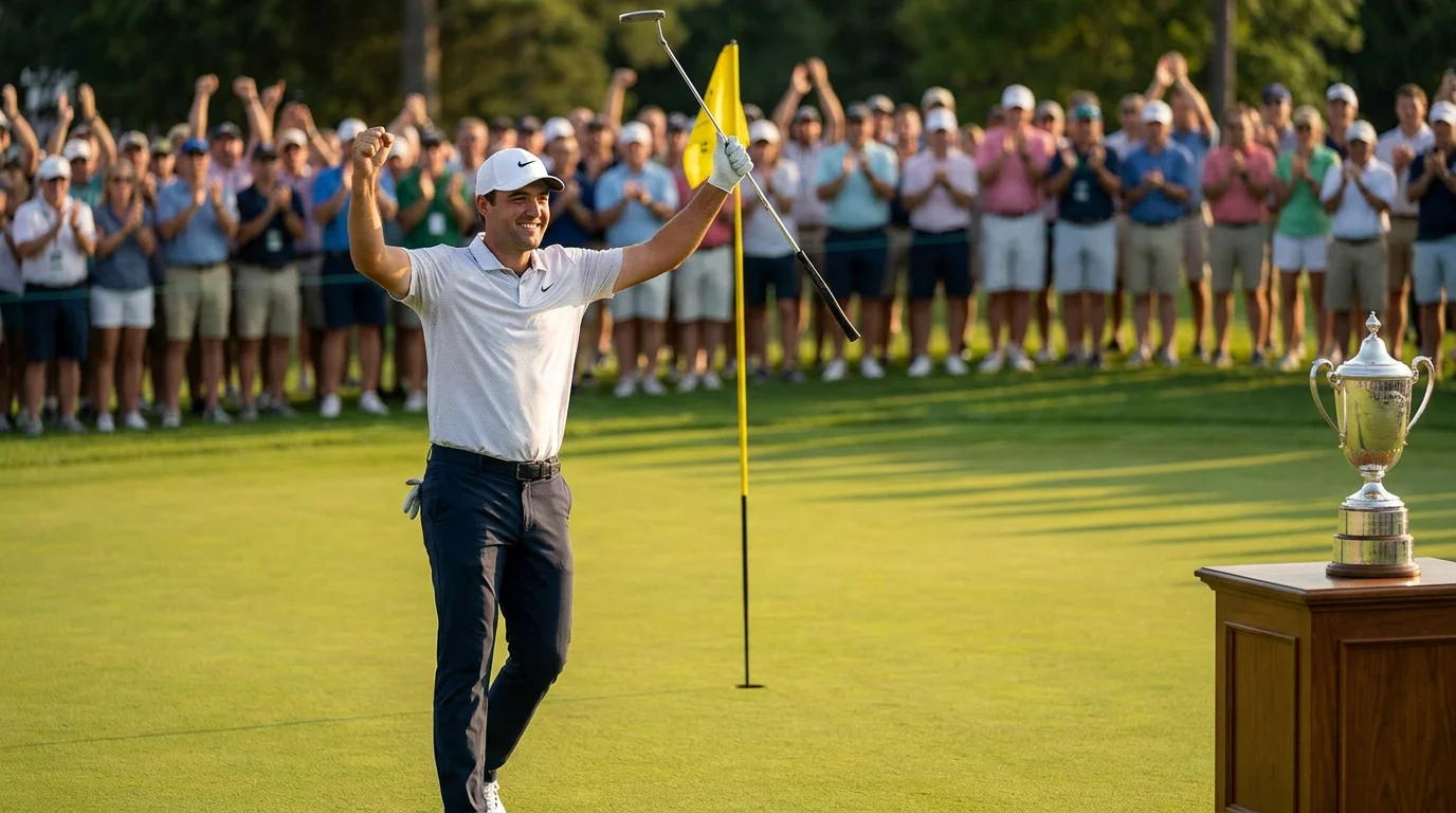 Professional golfer celebrating a winning putt on a tour championship green with trophy ceremony