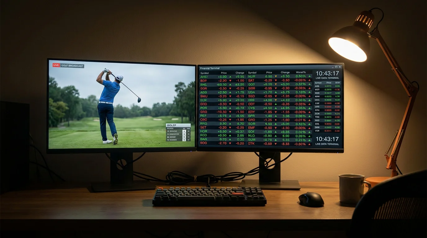 Television broadcasting a golf shot next to a real-time data terminal showing latency gap