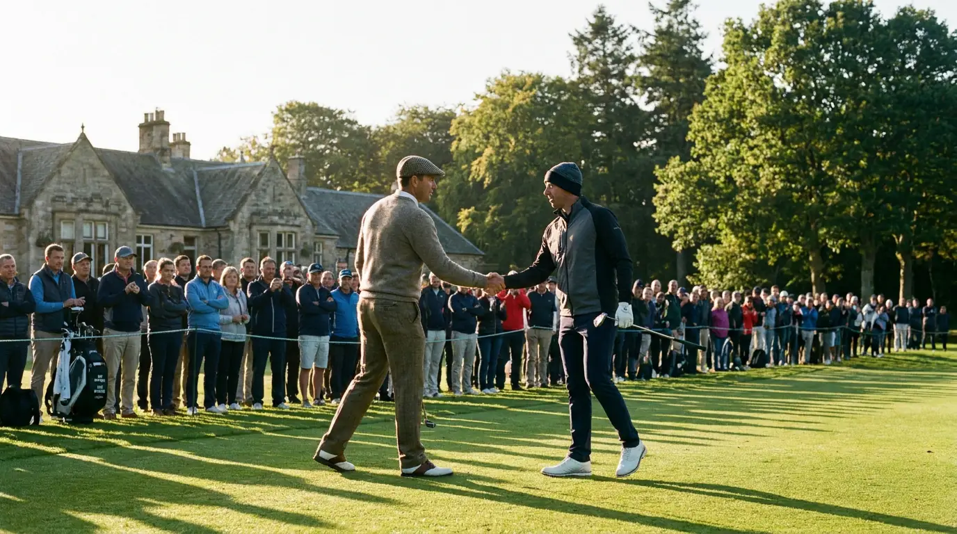 Two tour golfers on the first tee in a head-to-head matchup at a UK tournament