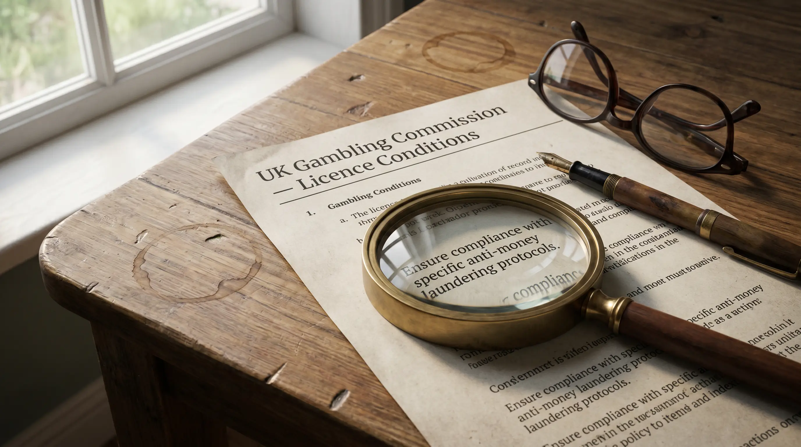 UK regulatory licensing document on a desk with a magnifying glass over the conditions section