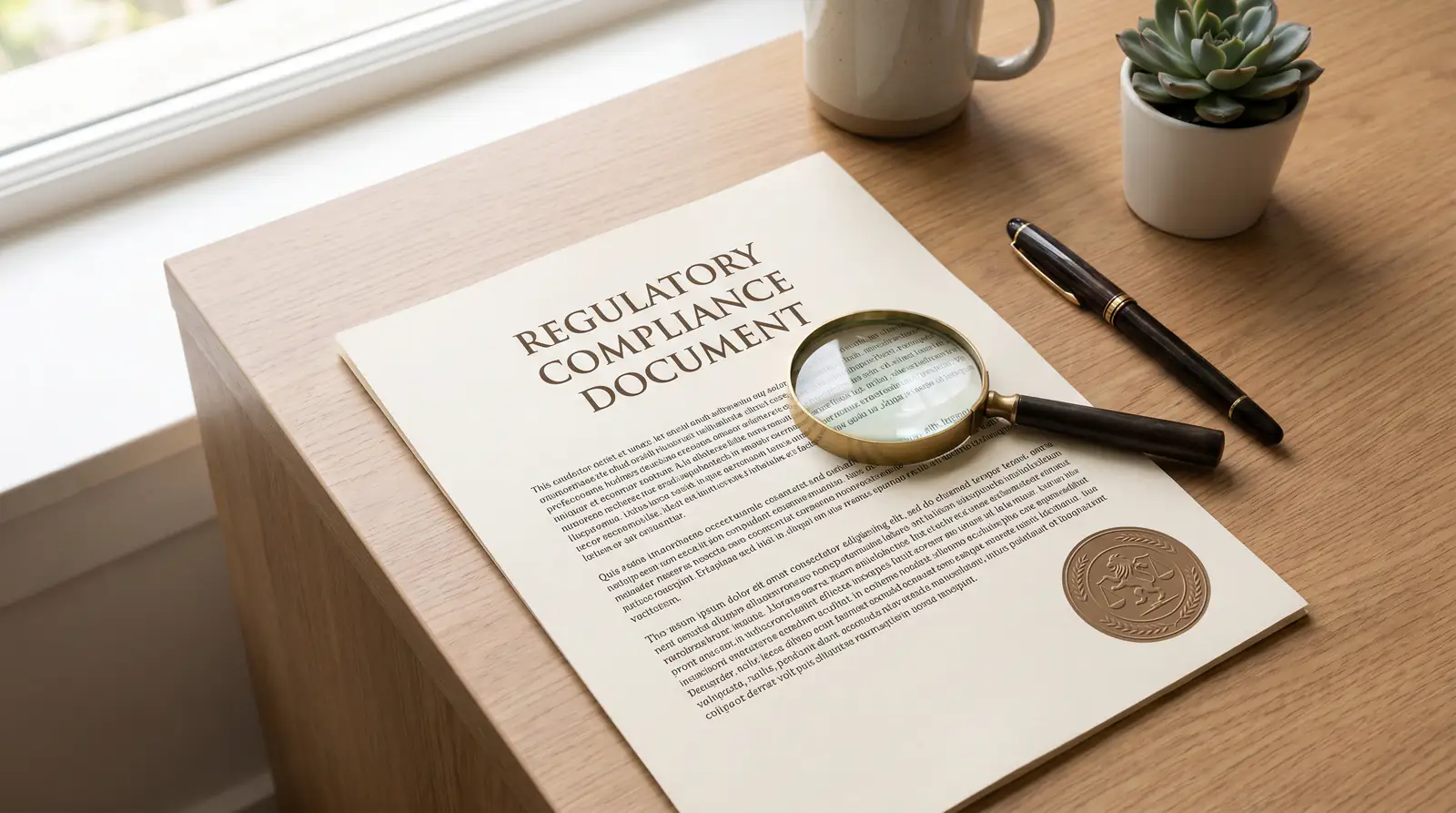 A UK Gambling Commission compliance document on a desk with a magnifying glass over the licence section.