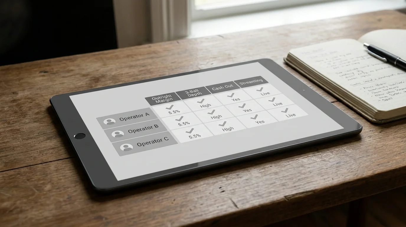 Comparison table on a tablet showing UK licensed sportsbooks side by side with feature columns