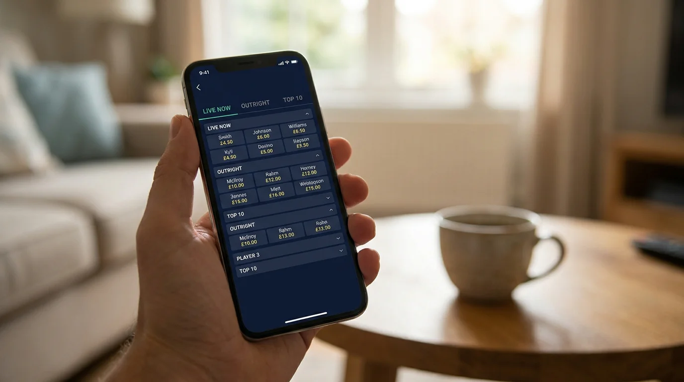 Smartphone displaying a UK live golf betting market overview on a tournament Sunday morning