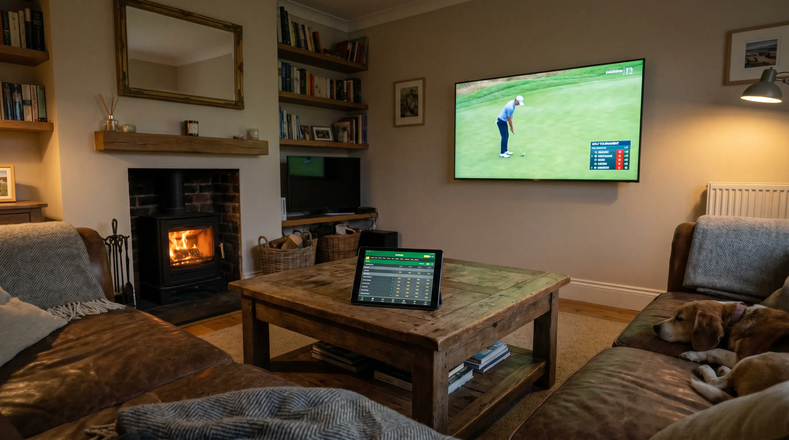 UK living room with a DP World Tour broadcast on the TV in the early evening
